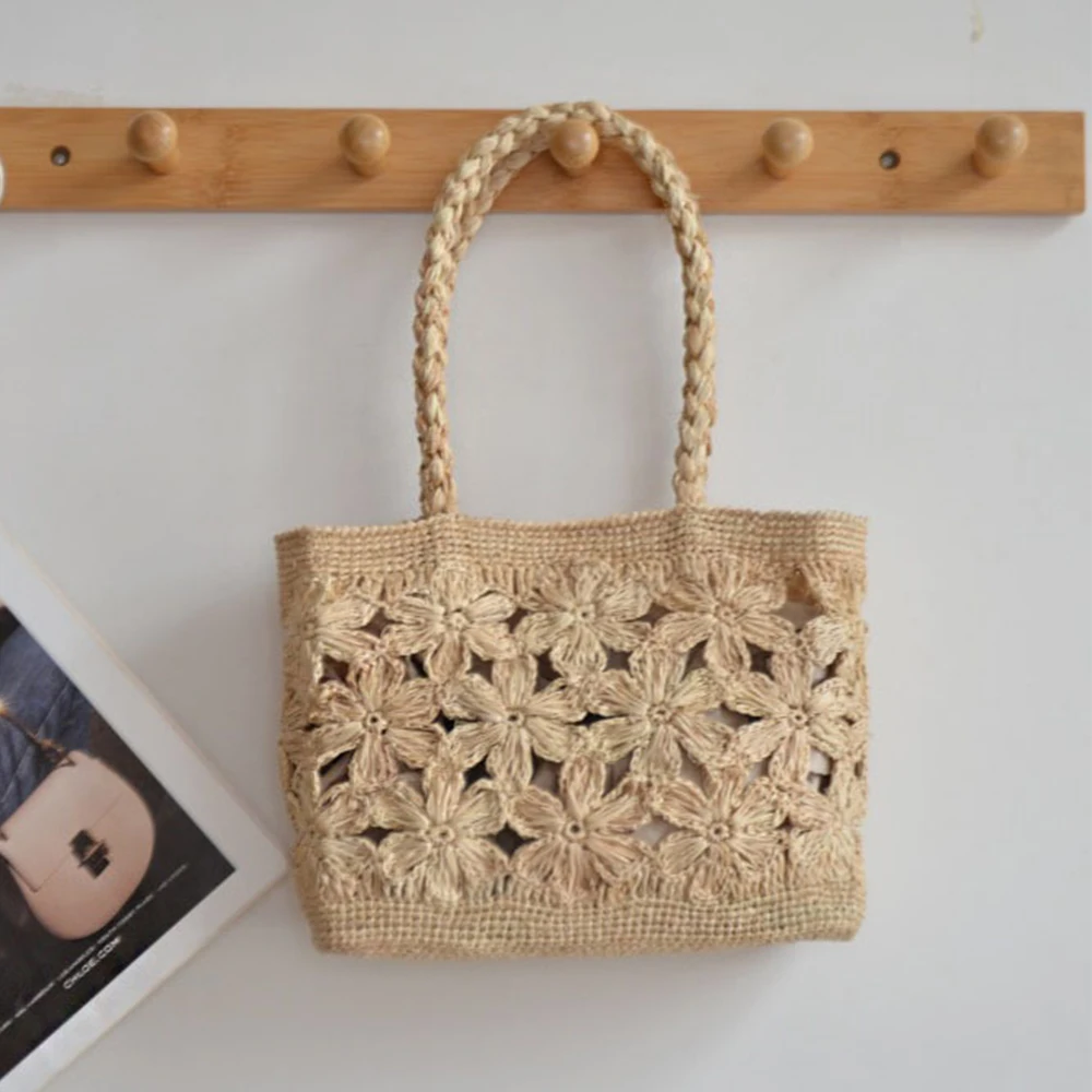 Beach Bag Straw - Bohemian Blume Stroh Tasche Tote Hohl