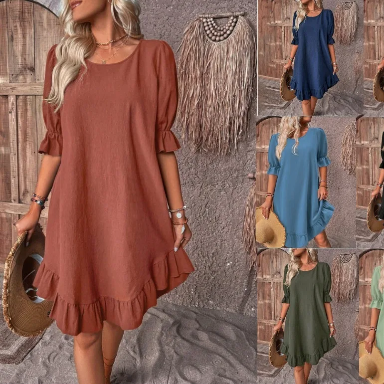 Summer Clothing H&M - Damenkleid Vintage Baumwolle Leinen Mittelärmel Rundhalsausschnitt