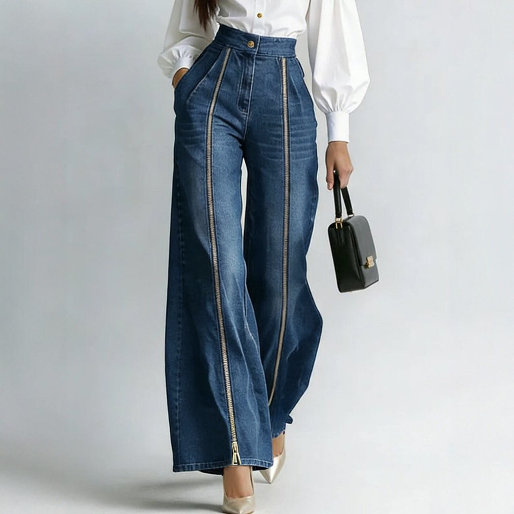 Palazzo Pant Wide - Hochgeschnittene Jeans mit Reißverschluss und weitem