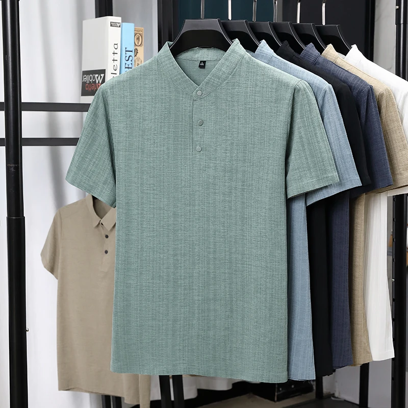 Summer Clothing Linen - Herren-Hemden mit Stehkragen und Halbknopfleiste aus