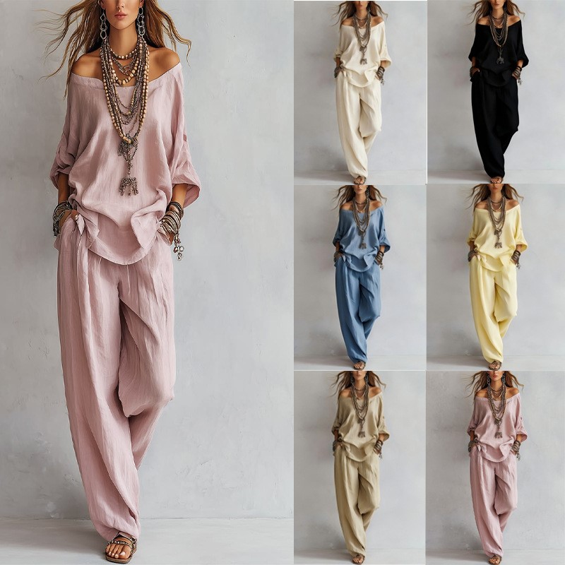 Summer Clothing Linen - Damen Zweiteiler Dreiviertelärmel-Oberteil Ein-Schulter-Design Weite Hose