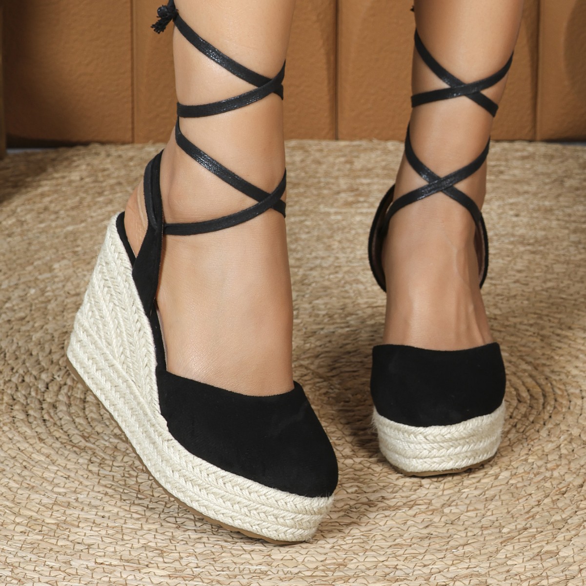 Espadrille Sandal Women - Damen-Espadrille-Sandalen mit Knöchelriemen, bequemer Absatz, Hausschuhe,