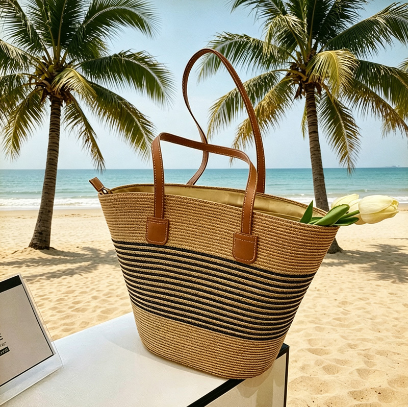 Beach Bag Straw - CLAREGQI Damen-Tragetasche aus gestreiftem Stroh, gewebte