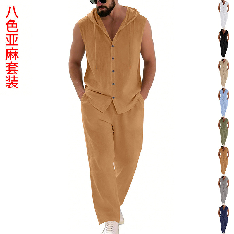 Summer Clothing Linen - Herren-Freizeitanzug aus Leinen mit Kapuzenpullover und
