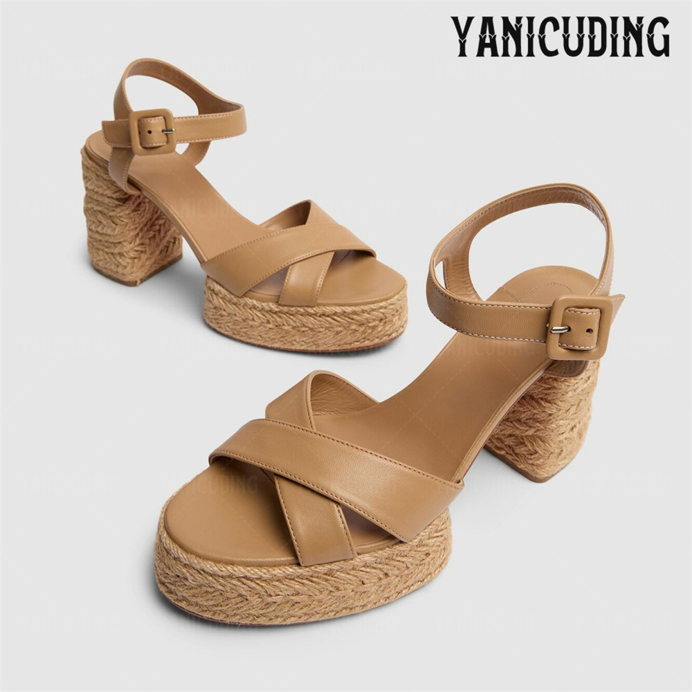 Espadrille Sandal Women - Geflochtene Jute-Plateau-Espadrilles, Knöchelschnalle, Ledersandalen, Blockabsätze, Mandel,