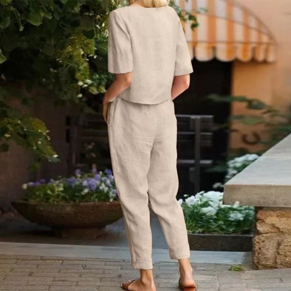 Summer Clothing Linen - Halbärmeliger Damen-Baumwoll-Leinen-Anzug mit Rundhalsausschnitt und Weitem