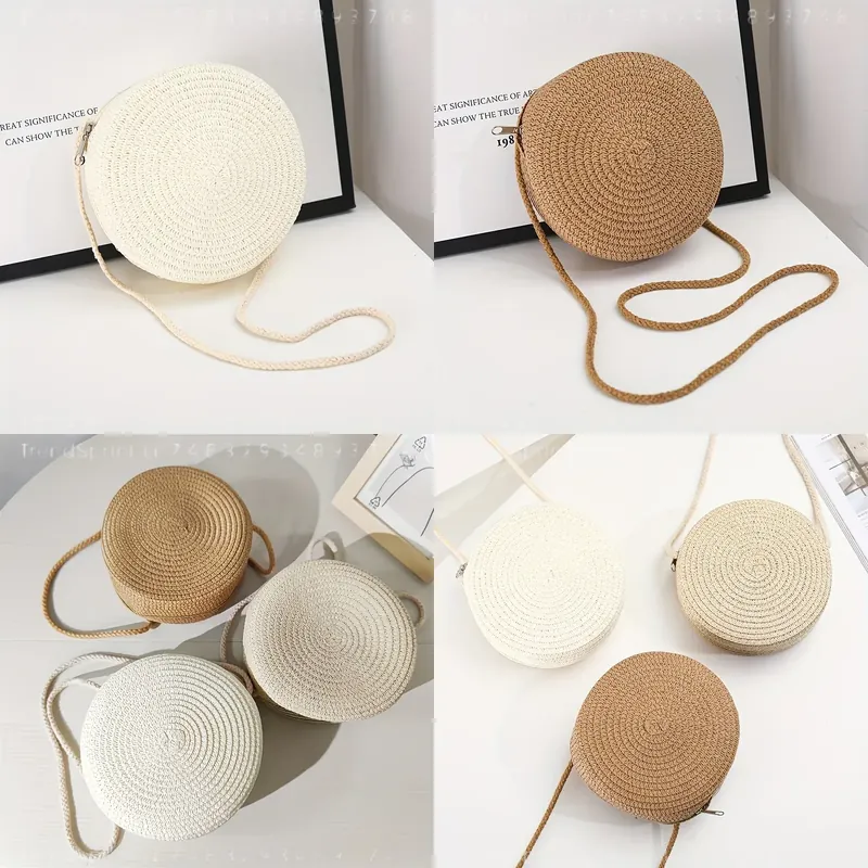 Beach Bag Straw - Runde Geflochtene Rattan-Umhängetasche für Damen, Handgefertigte